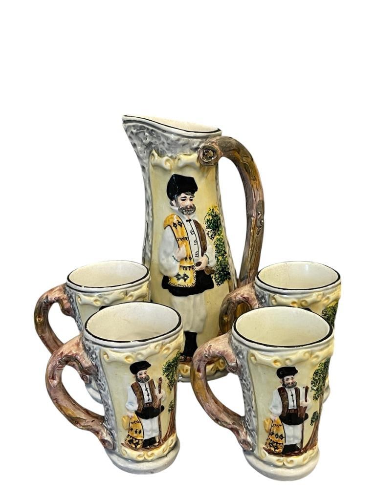 A. MASSIDDA POTTERY PITCHER WITH FOUR MATCHING MUGS HAND PAINTED MADE IN ITALY (1 of 10)