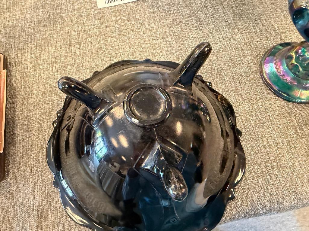 ART DECO MOUNT PLEASANT BLACK AMETHYST THREE FOOTED BOWL AND CARNIVAL GLASS KINGS CROWN GOBLET - 5