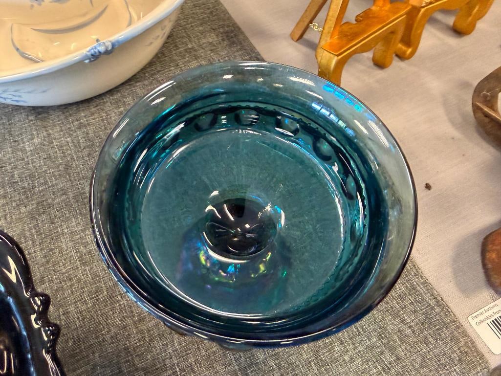 ART DECO MOUNT PLEASANT BLACK AMETHYST THREE FOOTED BOWL AND CARNIVAL GLASS KINGS CROWN GOBLET - 6