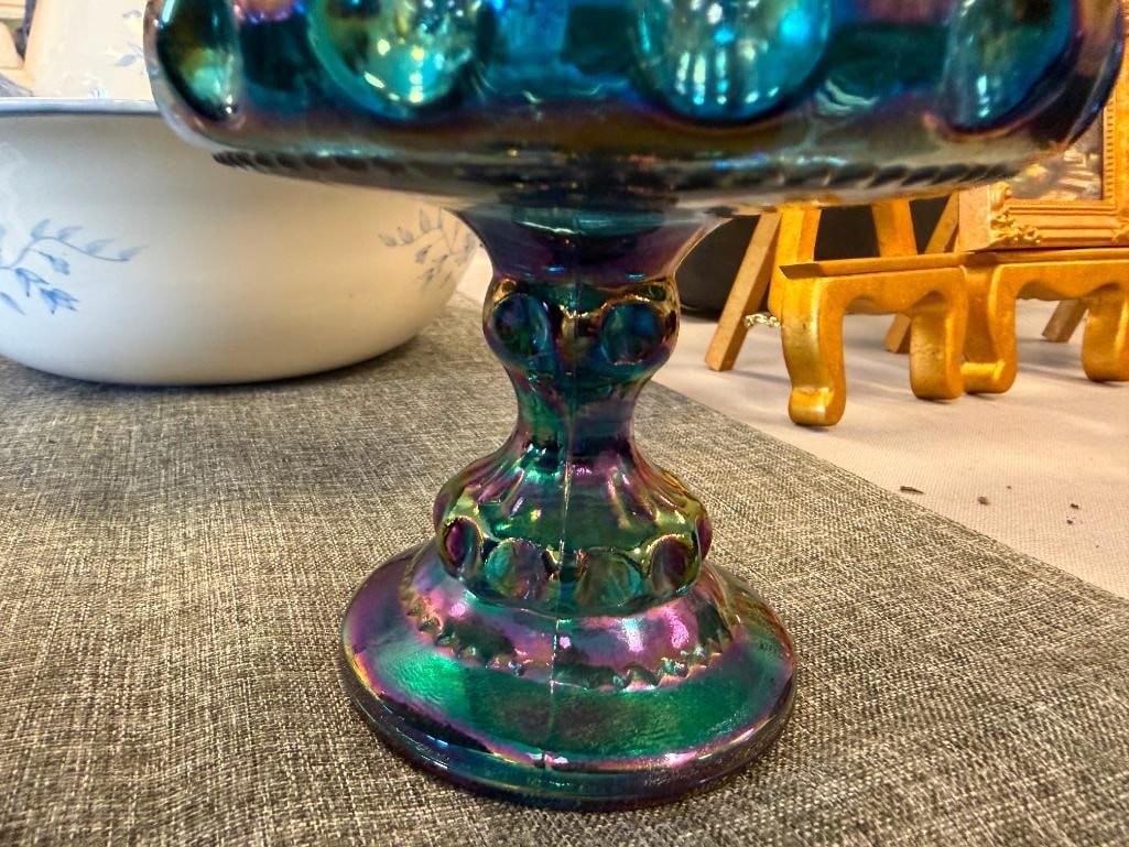 ART DECO MOUNT PLEASANT BLACK AMETHYST THREE FOOTED BOWL AND CARNIVAL GLASS KINGS CROWN GOBLET - 7