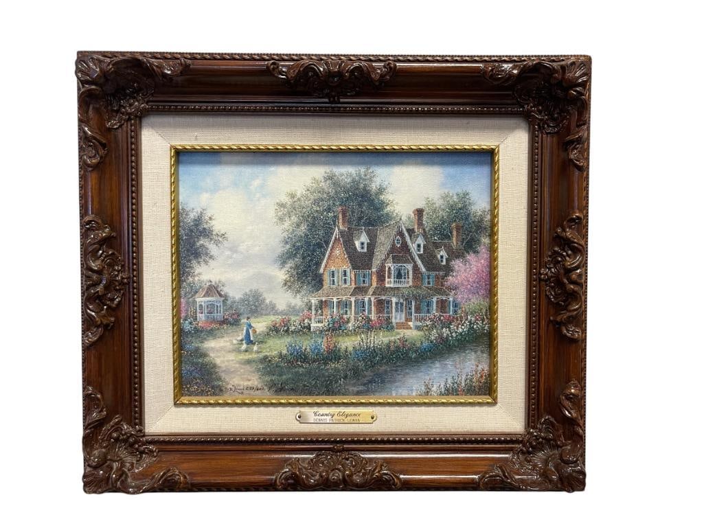 DENNIS PATRICK LEWMAN LIMITED EDITION PRINT ON CANVAS TITLED COUNTRY ELEGANCE NO. 73/600: PRINT HAS BEEN RETOUCHED WITH OIL PAINTS BY ARTIST, SIGNED LOWER LEFT, CERTIFICATE OF AUTHENTICITY ON THE BACK, FRAMED 15" X 13" FRAME