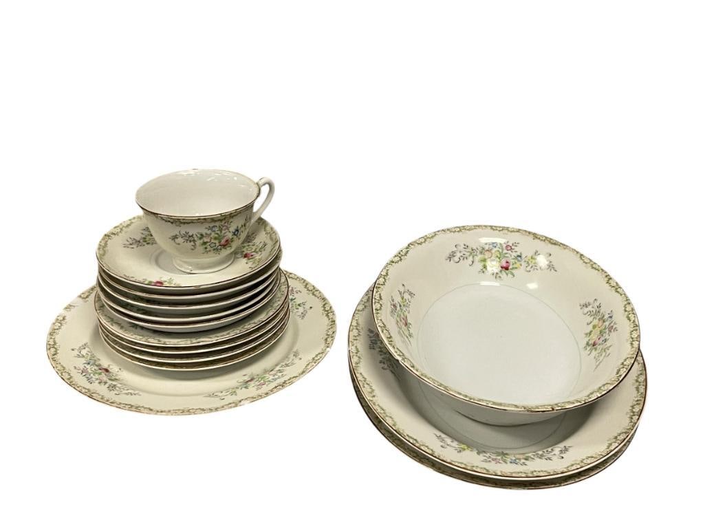 VINTAGE NATIONAL CHINA FLORAL PATTERN CHINA MADE IN JAPAN: YELLOW AND PINK FLORAL DESIGN WITH GILT RIM, FEW PIECES ARE CHIPPED