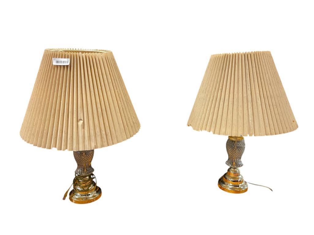 PAIR OF DIAMOND POINT PRESSED GLASS TABLE LAMPS WITH BRASS TONED BASE AND TOP: TESTED +, WITH FABRIC SHADES 28" H