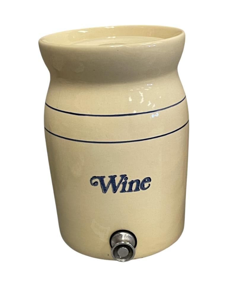CERAMIC POTTERY STYLE CROCK WINE DISPENSER APPROX. ONE GALLON: WITH PUSH BUTTON SPOUT AD LID, NO CRACKS OR CHIPS 10" H