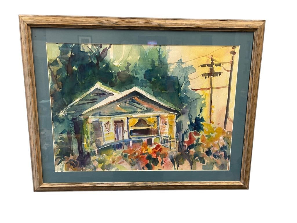 CHARLOTTE CEE SAN DIEGO, CALIFORNIA ARTIST ORIGINAL WATERCOLOR ON PAPER: CHARLOTTE CEE SAN DIEGO, CALIFORNIA ARTIST WATERCOLOR ON PAPER, ART DEPICTS FRONT OF A HOME WITH POWER LINES AND TREES IN THE BACKGROUND, FRAMED 25 1/4" X 19 1/4"