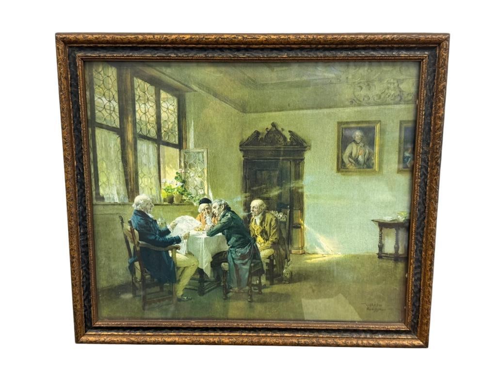 WILHELM ROEGGE GERMAN ARTIST PRINT TITLED THE POLITICAL NEWSPAPER: ART DEPICTS MEN GATHERED AROUND A TABLE READING THE NEWSPAPER, PLATE SIGNED LOWER RIGHT, FRAMED 14 1/4" X 12 1/4" FRAME