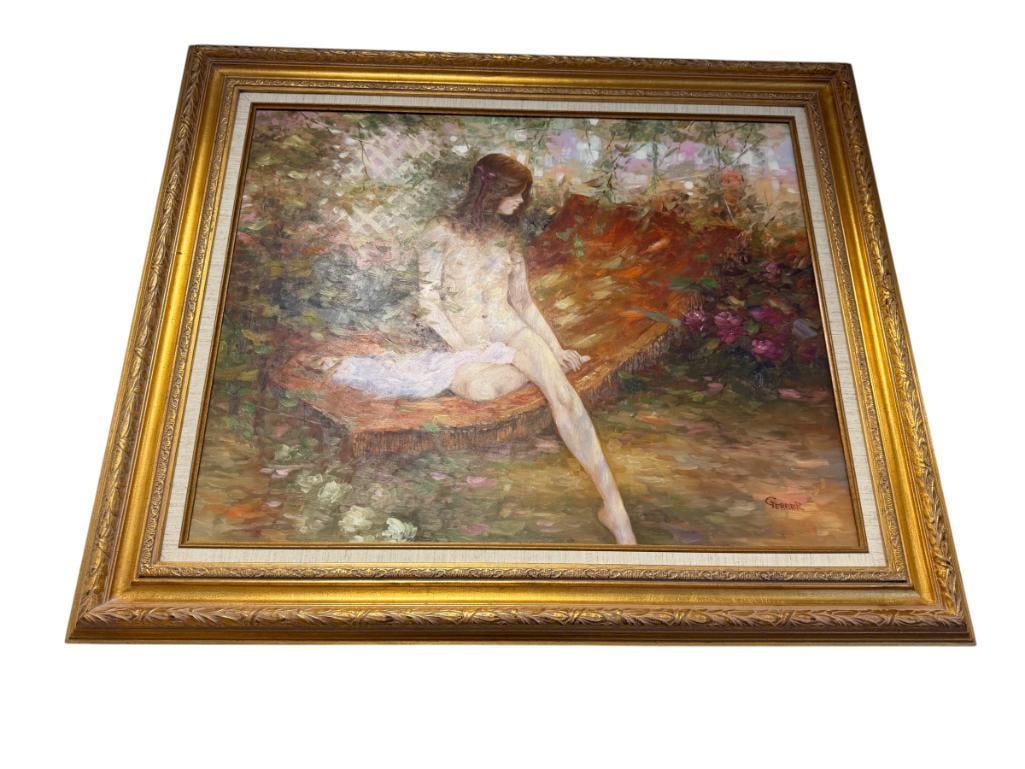 GERBER SIGNED ORIGINAL ARYLIC ON CANVAS PAINTING: ART DEPICTS NUDE WOMAN SITTING ON A HAMMOCK WITH LATTICE PANEL COVERED IN FLOWERS, FRAMED 38" X 32" FRAME