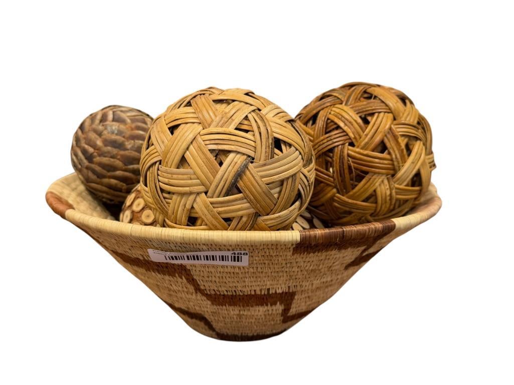 AFRICAN STYLED COILED BASKET WITH RATTAN AND WOODEN SPHERES: INCLUDES EIGHT DECORATIVE SPHERES 13 1/2" ROUND