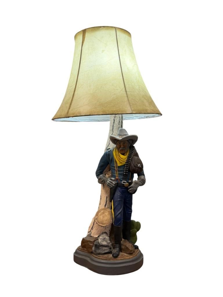 TALL CERAMIC WESTERN FIGURAL TABLE LAMP WITH FAUX RAWHIDE SHADE (1 of 12)