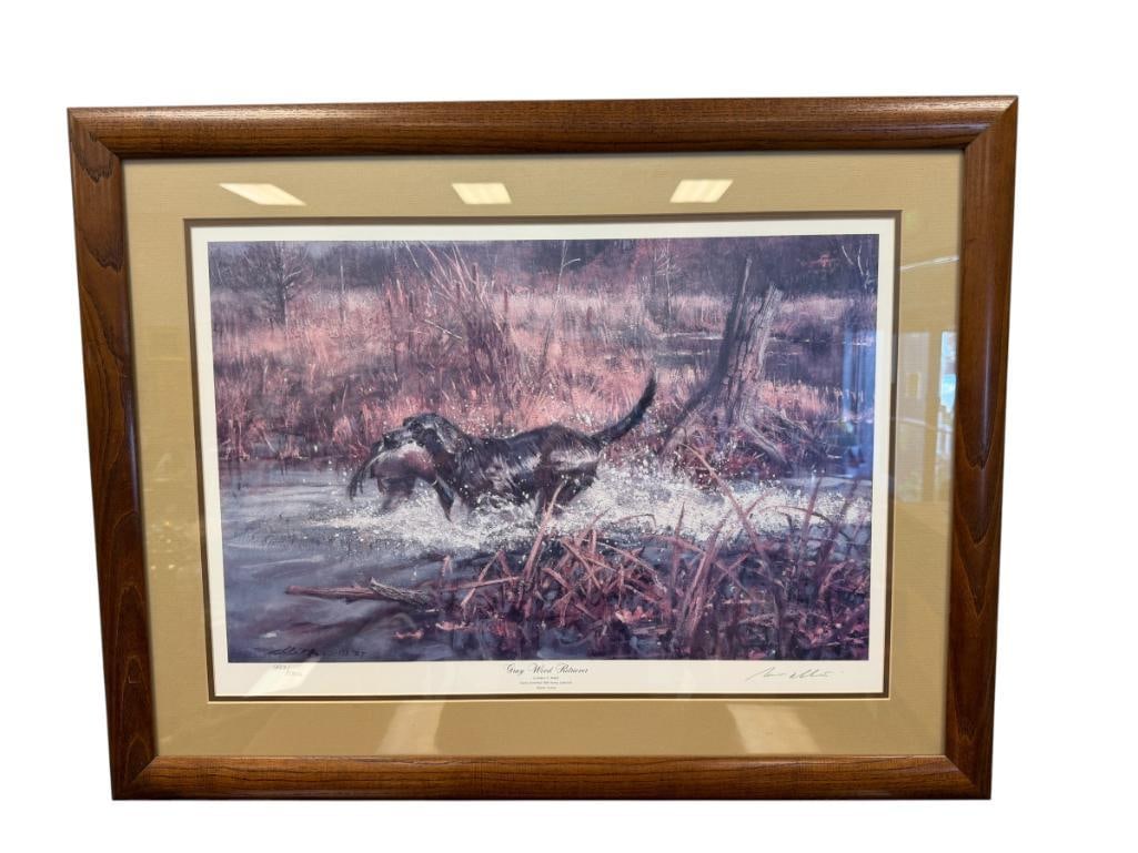 ROBERT K. ABBETT DUCKS UMLIMITED ARTIST LIMITED EDITION PRINT GRAY WOOD RETIEVER NO. 293/5300: ART DEPICTS SCENE OF RETRIEVER WITH DUCK IN ITS MOUTH, SIGNED LOWER RIGHT, FRAMED 34 1/2" X 26 1/2" FRAME