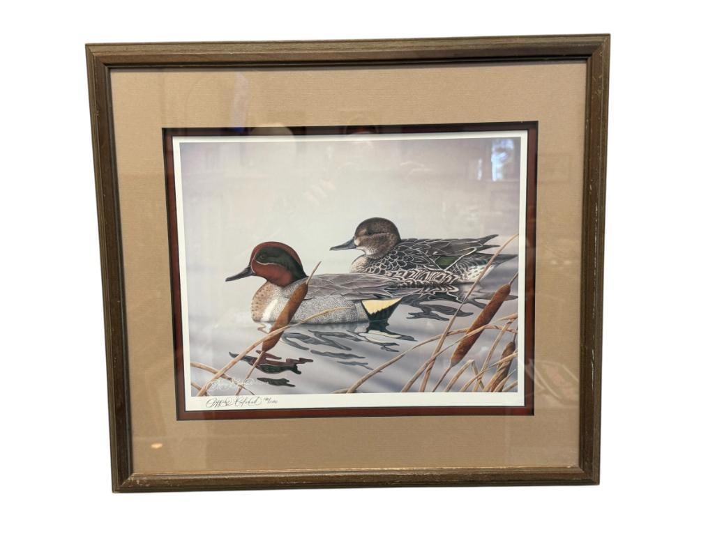 JEFFREY CODERICK DUCKS UNLIMITED ARTIST LIMITED EDITION PRINT CINNAMON TEAL DUCKS NO. 181/1500: SIGNED LOWER LEFT, FRAMED 19 1/2" X 17 1/2" FRAME