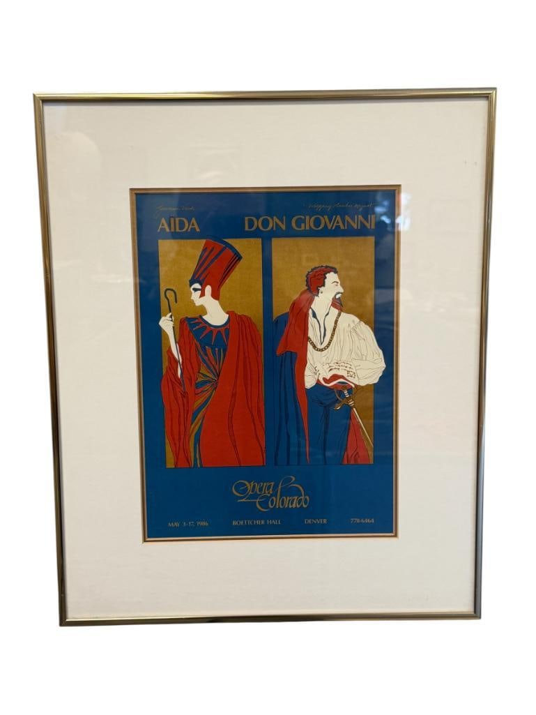MAY 1986 ART DECO POSTER CREATED FOR OPERA COLORADO IN DENVER FOR AIDA AND DON OPERAS: STYLIZED ILLUSTRATIONS BY ERTE, FRAMED 14 1/2" X 18" FRAME