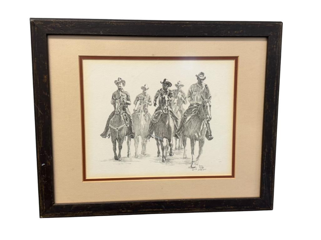 LOVE SIGNED WESTERN COWBOY PRINT NO. 298/300: ART DEPICTS FIVE COWBOYS ON HORSEBACK, SIGNED LOWER RIGHT, FRAMED 15 1/2" X 12" FRAME