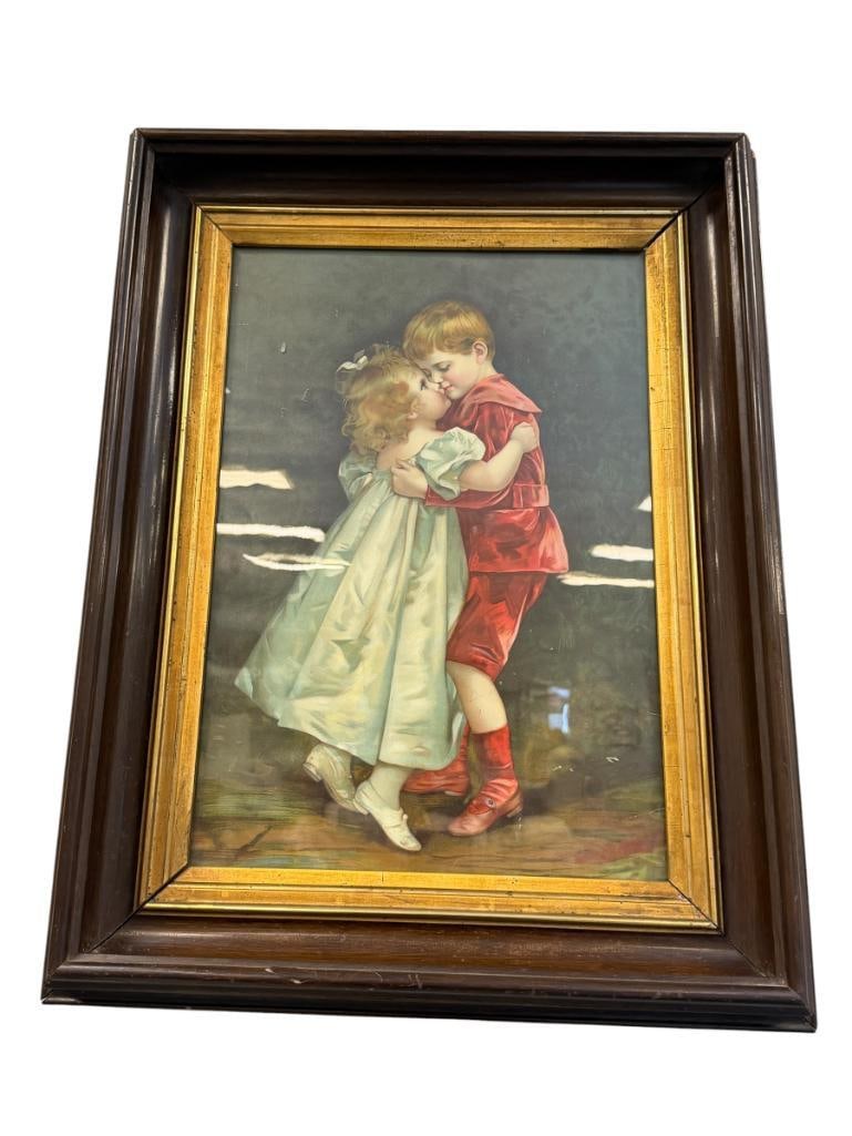 VINTAGE VICTORIAN PRINT OF A YOUNG BOY AND GIRL IN ROMANTIC SCENE: 19" X 24" FRAME