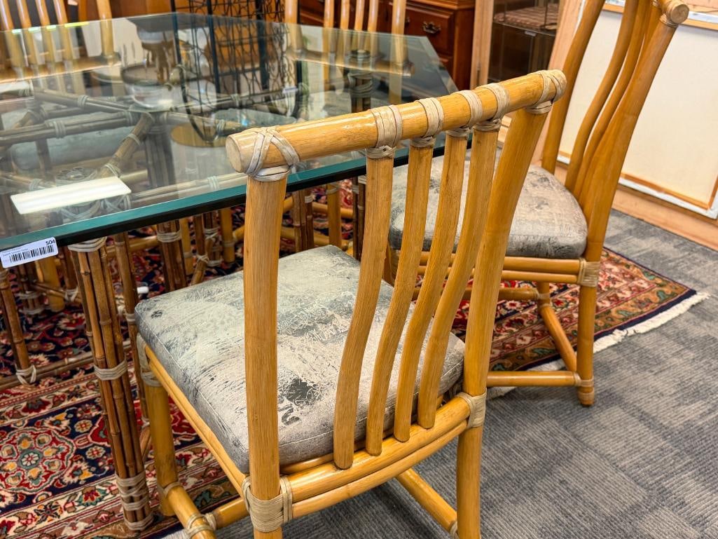 HEXAGONAL GLASS TOP BAMBOO DINING TABLE WITH SIX BAMBOO UPHOLSTERED CHAIRS - 13