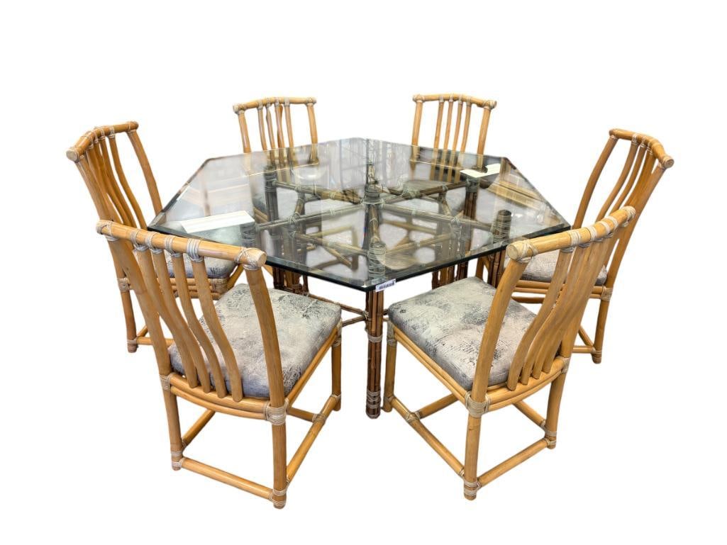 HEXAGONAL GLASS TOP BAMBOO DINING TABLE WITH SIX BAMBOO UPHOLSTERED CHAIRS (1 of 13)