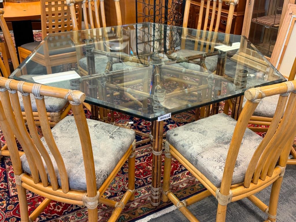 HEXAGONAL GLASS TOP BAMBOO DINING TABLE WITH SIX BAMBOO UPHOLSTERED CHAIRS - 2