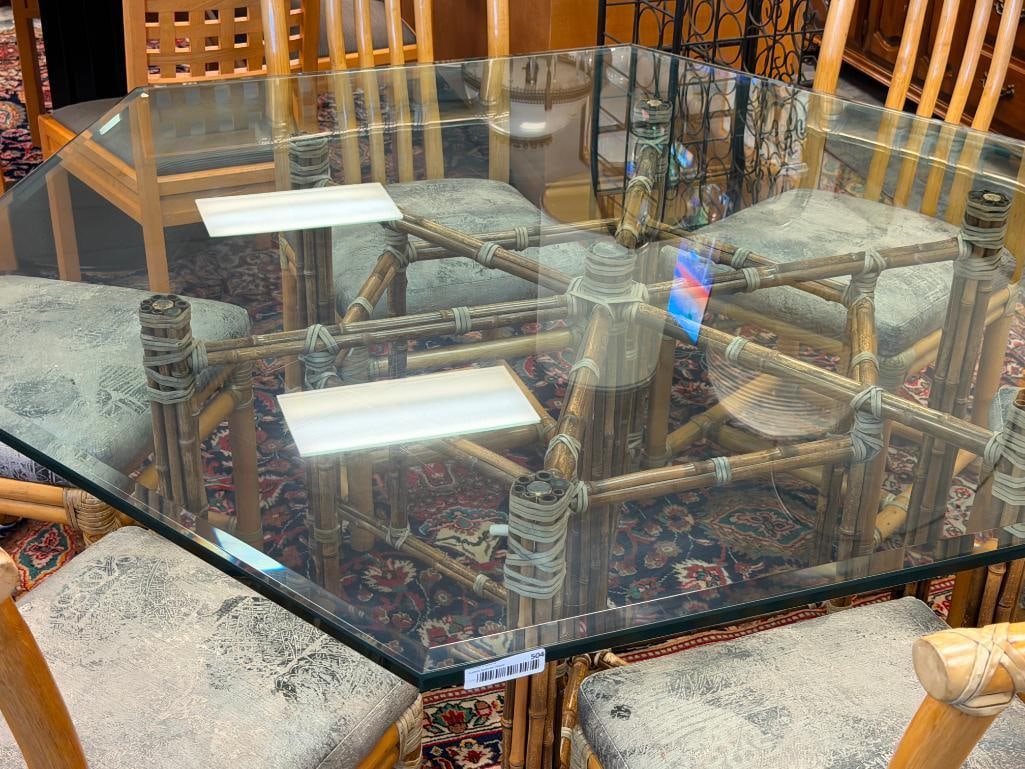 HEXAGONAL GLASS TOP BAMBOO DINING TABLE WITH SIX BAMBOO UPHOLSTERED CHAIRS - 3