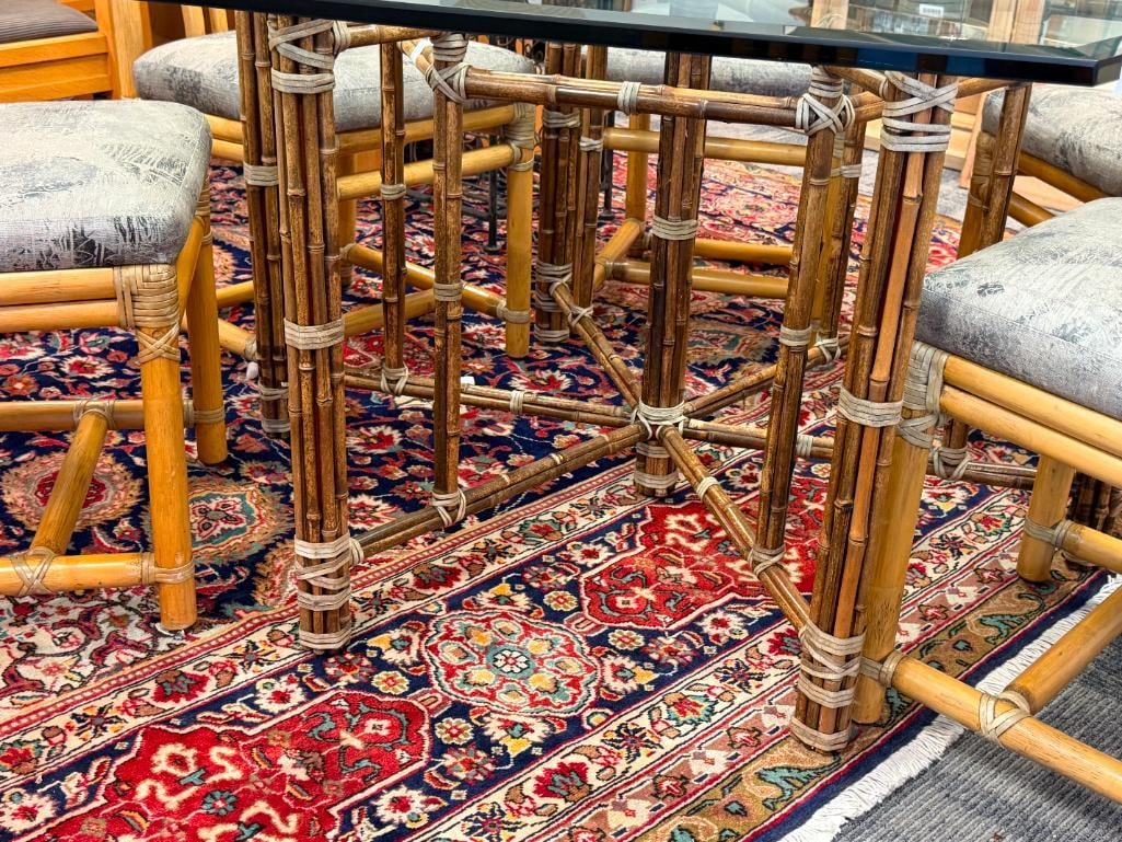 HEXAGONAL GLASS TOP BAMBOO DINING TABLE WITH SIX BAMBOO UPHOLSTERED CHAIRS - 5