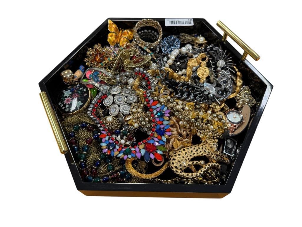 LARGE COLLECTION OF WOMANS FASHION JEWLERY INCLUDING SIGNED PIECES AND STERLING SILVER CAMEO: STERLING SILVER CAMEO PENDANT OR BROOCH EMBELLISHED BORDER WITH STONES AND PEARLS, INCLUDES FEW SIGNED PIECES, TRAY INCLUDED 15" X 15 1/2" TRAY