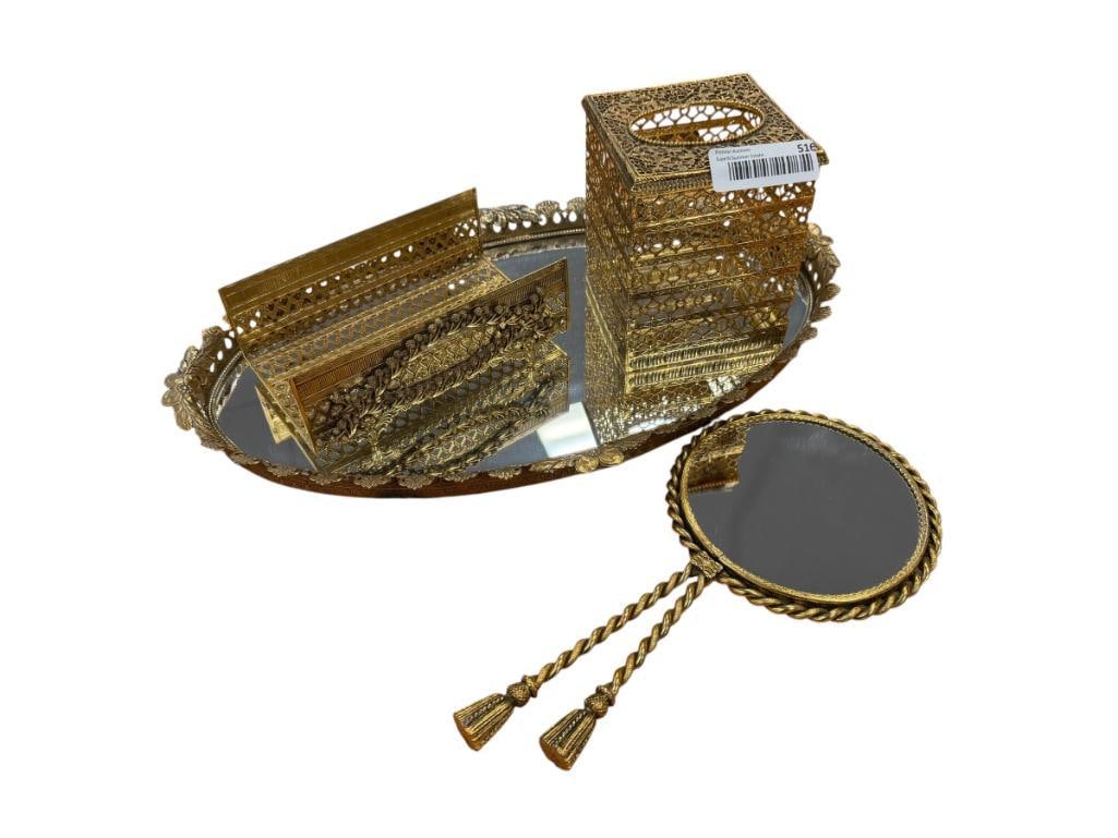 HOLLYWOOD REGENCY FILIGREE TISSUE COVER, TISSUE HOLDER, HAND MIRROR AND VANITY TRAY (1 of 10)