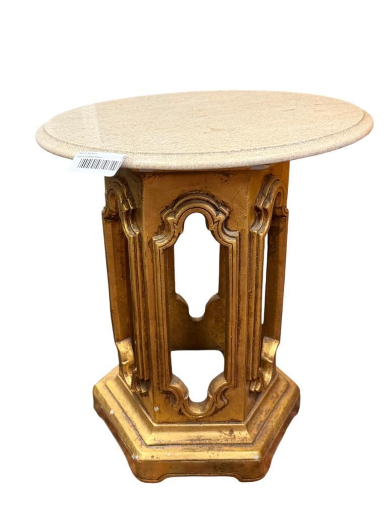GILT RESIN FRENCH STYLED PEDESTAL SIDE TABLE WITH ROUND STONE TOP (1 of 6)