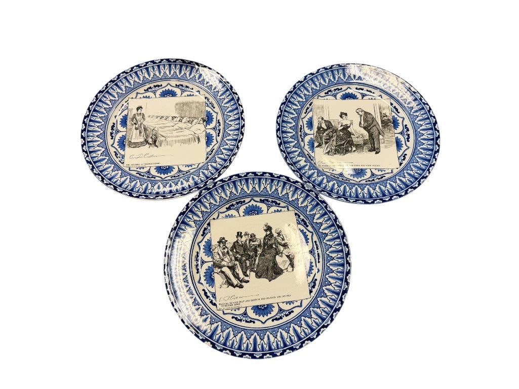 EARLY 1900'S ROYAL DOULTON BLUE AND WHITE FLOW BLUE DESIGN GIBSON GIRL WIDOW AND HER FRIENDS PLATES (1 of 12)