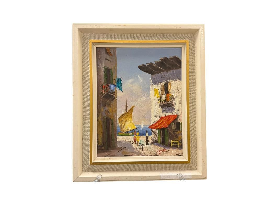 NEGRELLI MID-20TH CENTURY EUROPEAN ARTIST ORIGINAL OIL ON BOARD MEDITERRANEAN SCENE PAINTING: SIGNED LOWER RIGHT, BOARD MADE IN AUSTRIA, FRAMED 11 1/4" X 13 1/4" FRAME