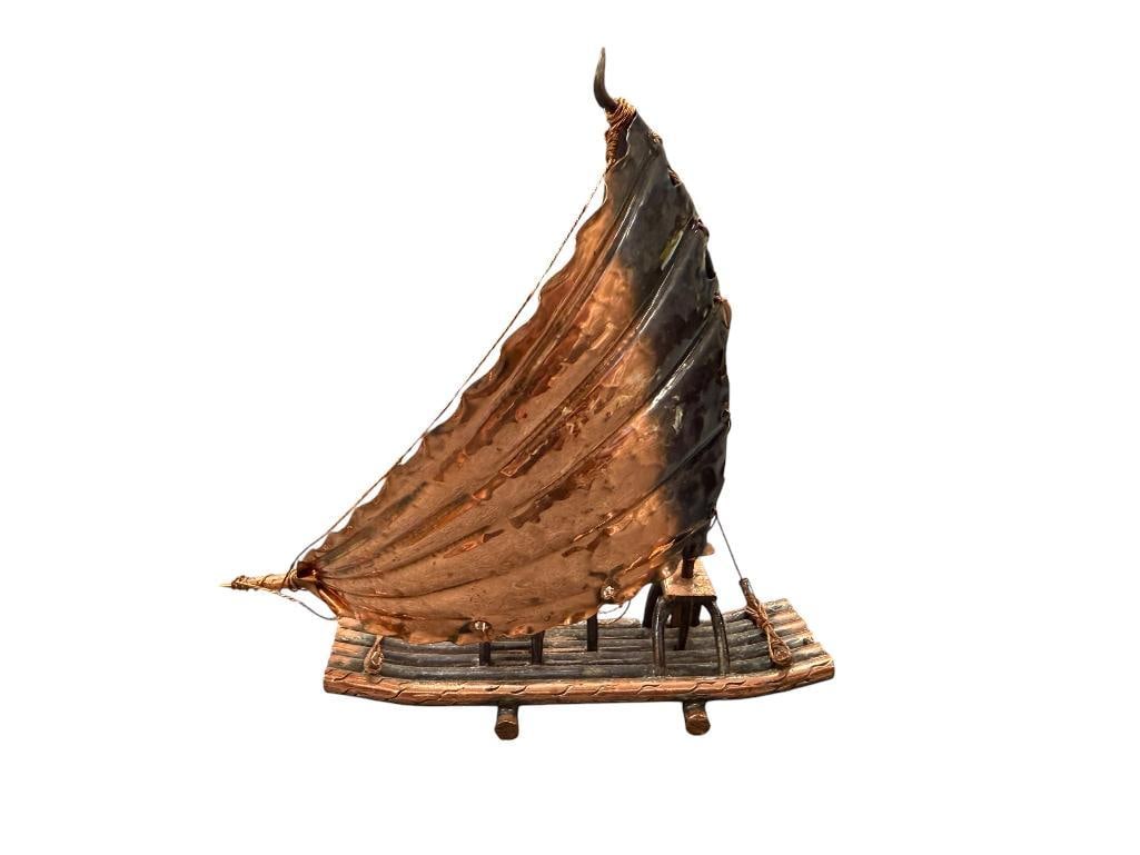 VINTAGE CLARAO COPPER SAILBOAT SCULPTURE BRUTALIST NAUTICAL ART: INCLUDES REMOVABLE OARS, ORIGINAL LABEL ON THE BOTTOM 5 1/4" H