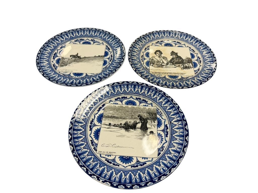 EARLY 1900'S ROYAL DOULTON BLUE AND WHITE FLOW BLUE DESIGN GIBSON GIRL WIDOW AND HER FRIENDS PLATES (1 of 13)