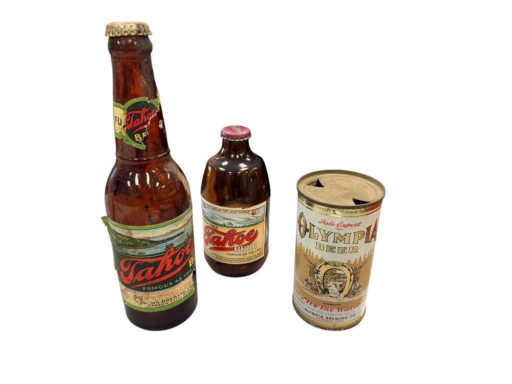 VINTAGE OLYMPIA BEER ANND TAHOE BREWING AMBER BOTTLES AND CAN: BOTH AMBER BOTTLES HAVE ORIGINAL PAPER LABEL WITH BOTTLE TOPS 