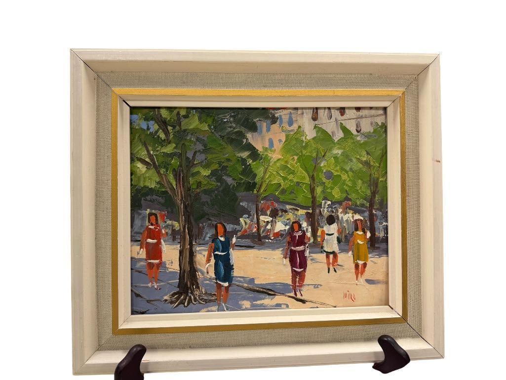 MIRO SIGNED EUROPEAN ARTIST ORIGINAL OIL ON BOARD STREET SCENE PAINTING: ART DEPICTS WOMAN WALKING IN A COURTYARD, SIGNED LOWER RIGHT, BOARD MADE IN AUSTRIA, FRAMED 13 1/4" X 11 1/4" FRAME