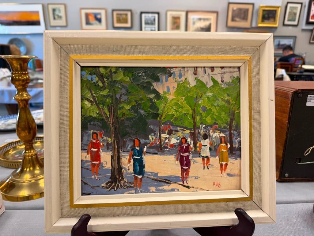 MIRO SIGNED EUROPEAN ARTIST ORIGINAL OIL ON BOARD STREET SCENE PAINTING - 2