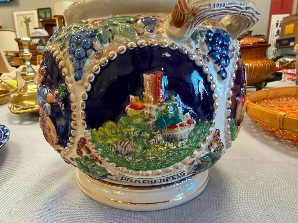 GERZ HAND PAINTED VINTAGE STONEWARE JAR WITH RELIEF SCENES OF CASTLES AND PEOPLE - 10