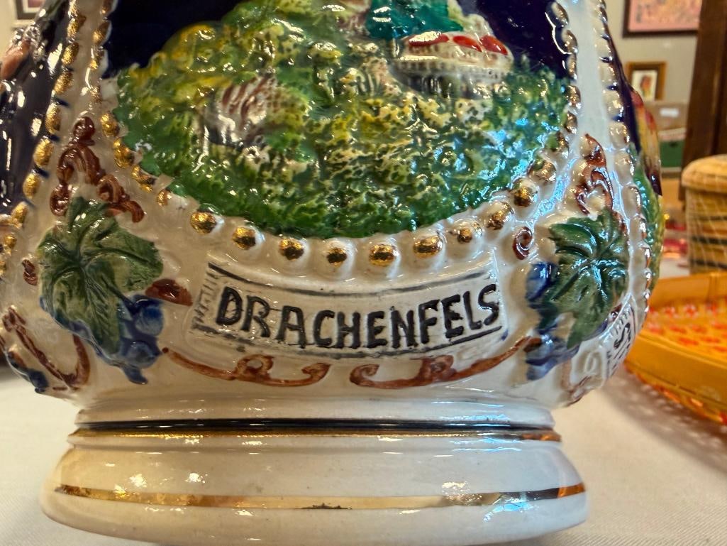 GERZ HAND PAINTED VINTAGE STONEWARE JAR WITH RELIEF SCENES OF CASTLES AND PEOPLE - 11