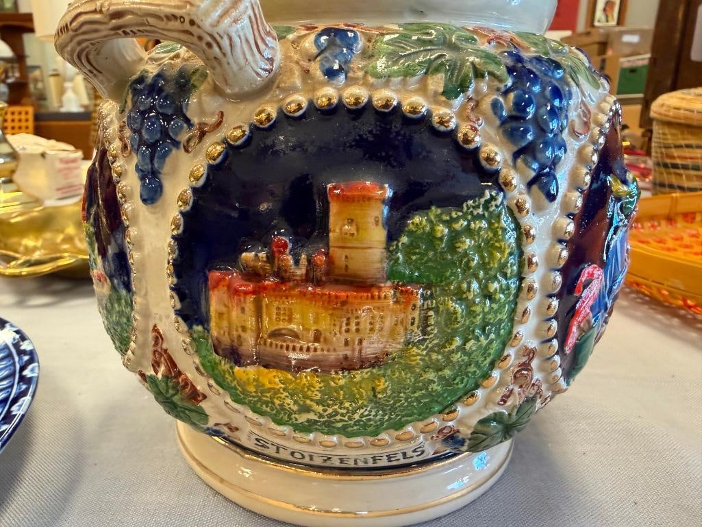 GERZ HAND PAINTED VINTAGE STONEWARE JAR WITH RELIEF SCENES OF CASTLES AND PEOPLE - 12