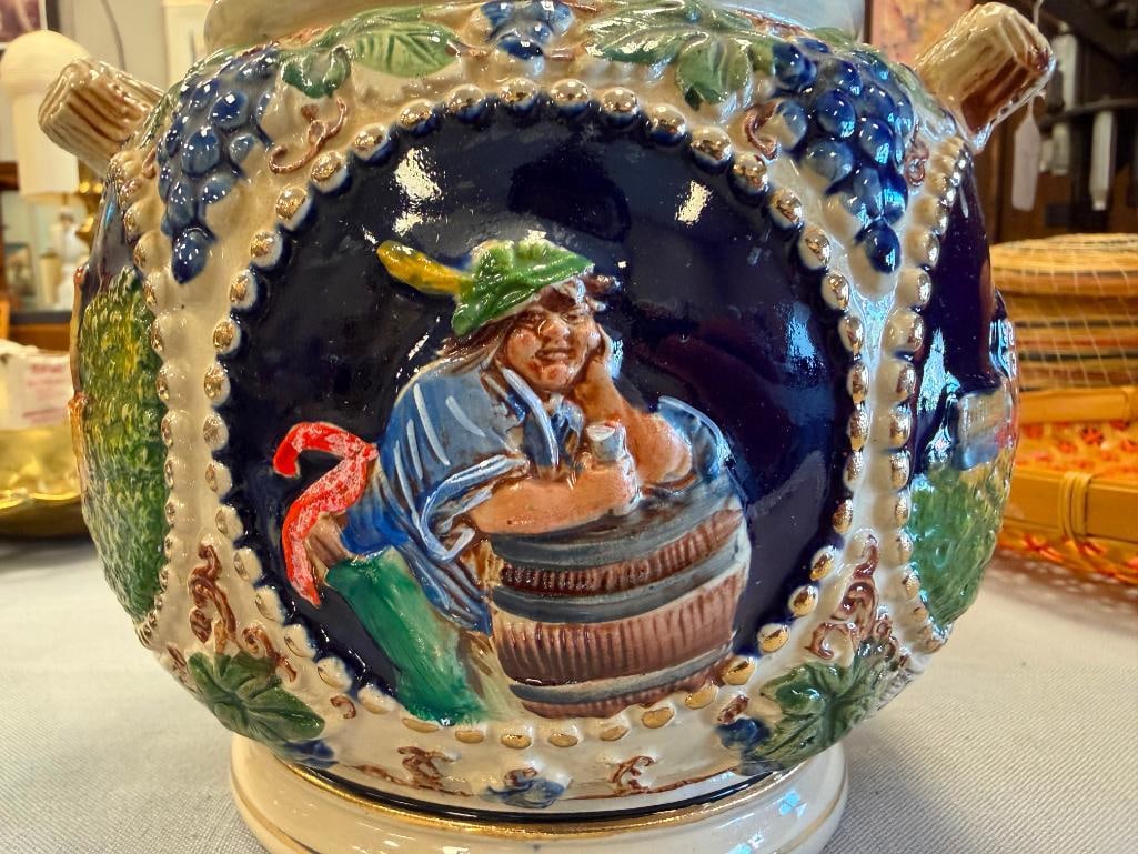 GERZ HAND PAINTED VINTAGE STONEWARE JAR WITH RELIEF SCENES OF CASTLES AND PEOPLE - 14