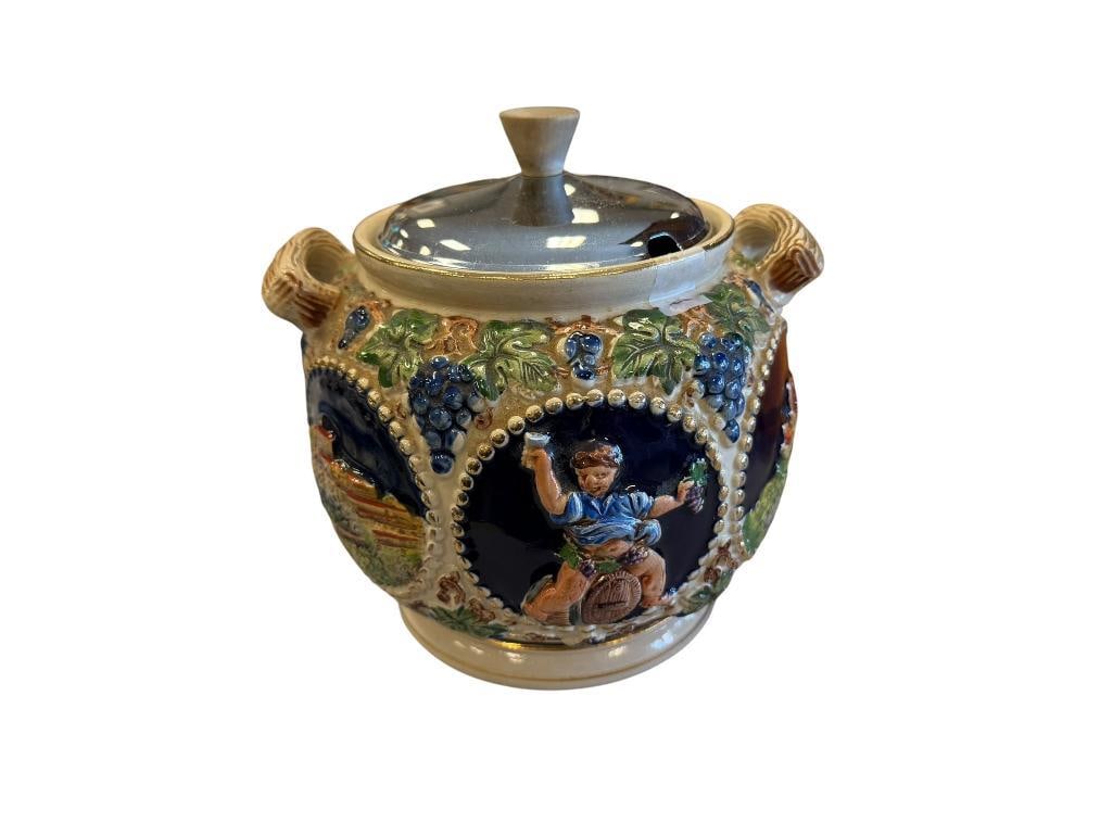 GERZ HAND PAINTED VINTAGE STONEWARE JAR WITH RELIEF SCENES OF CASTLES AND PEOPLE (1 of 14)