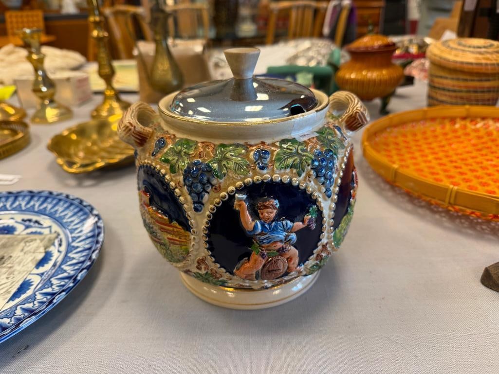 GERZ HAND PAINTED VINTAGE STONEWARE JAR WITH RELIEF SCENES OF CASTLES AND PEOPLE - 2