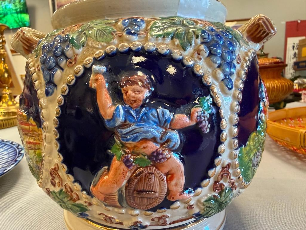 GERZ HAND PAINTED VINTAGE STONEWARE JAR WITH RELIEF SCENES OF CASTLES AND PEOPLE - 3