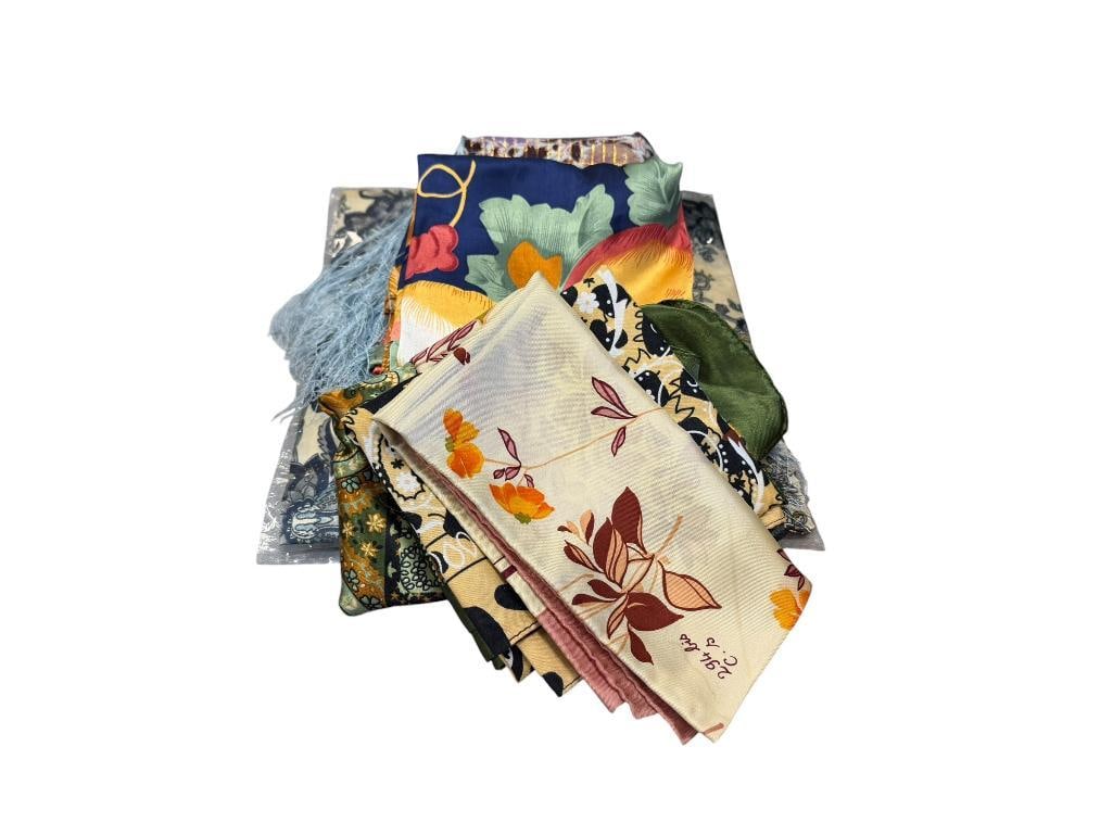 SIX WOMAN SILK SCARVES: VARIOUS STYLES AND SIZES FROM 30" X 30"
