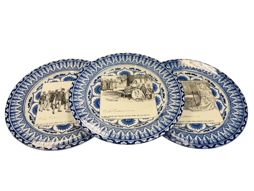 EARLY 1900'S ROYAL DOULTON BLUE AND WHITE FLOW BLUE DESIGN GIBSON GIRL WIDOW AND HER FRIENDS PLATES (1 of 15)