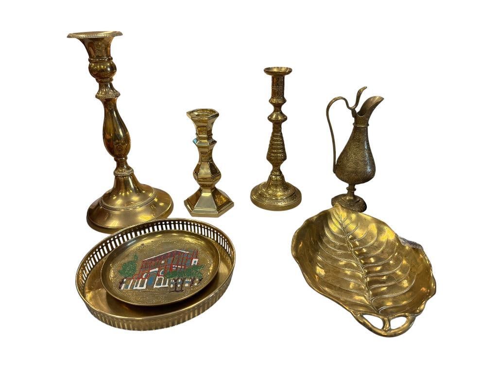 VINTAGE BRASS TABLE WARE MIDDLE EAST ENGRAVED EWER, IRAN SHAH ABBAS HOTEL PLATE (1 of 20)