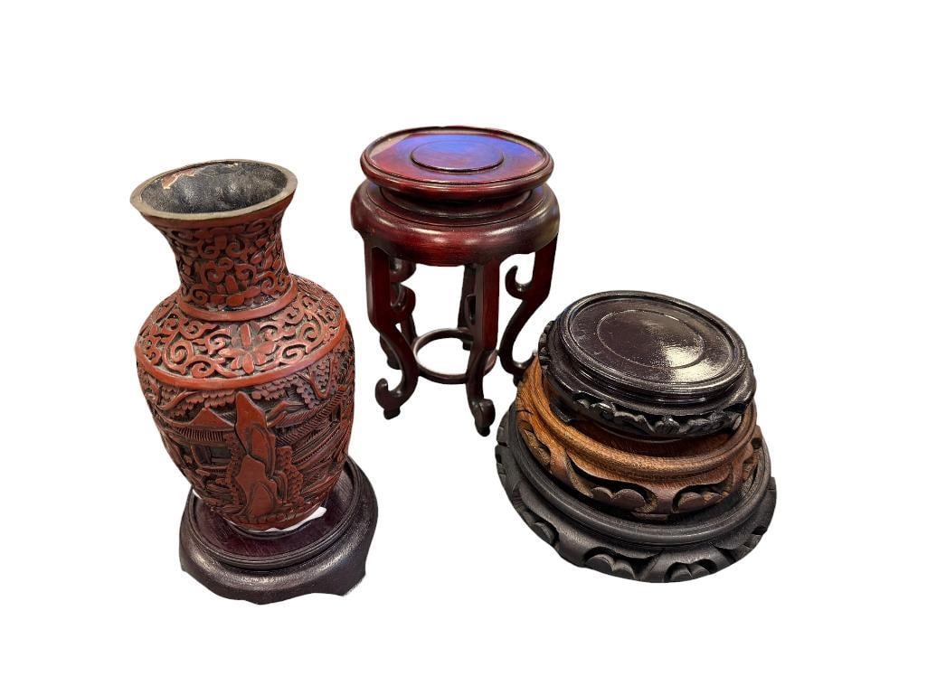 CARVED RESIN CINNABAR LIKE CHINESE VASE WITH FIVE CARVED WOOD STANDS (1 of 11)