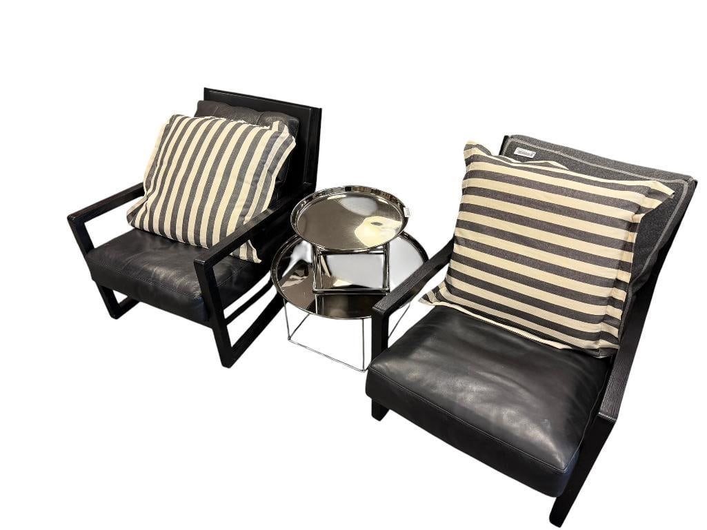 PAIR B&B ITALAI SIMPLICE BLACK FINISHED WOOD CLUB STYLE CHAIRS WITH LEATHER SEAT CUSHION AND BACK: CHAIRS ARE IN LIKE NEW CONDITION WITH NO HEAVY WEAR INCUDES FOUR THROW PILLOWS 26" X 34" X 30"