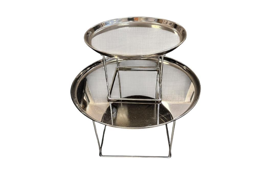 MODERN CONTEMPORARY BLACK CHROME FINISHED METAL ROUND COCKTAIL TABLE / END TABLE: SQUARE METAL WIRE BASE WITH ROUND TOP 17" AND 23" ROUND