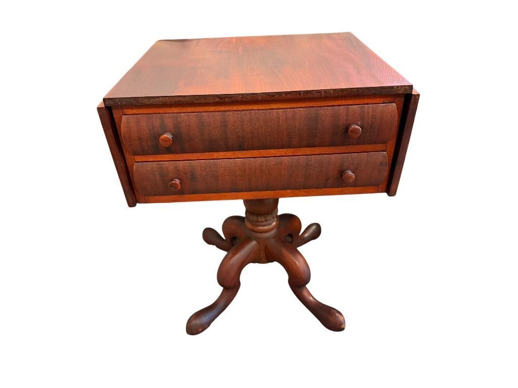 ANTIQUE MAHOGANY CLASSICAL WORK TABLE WITH DROP LEAF SIDES AND TWO DRAWERS CIRCA 1840'S (1 of 13)