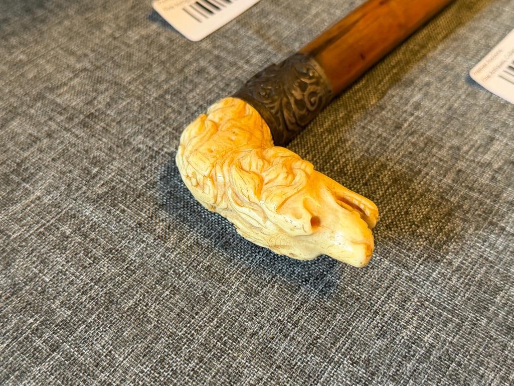 ANTIQUE BRITISH CANE WITH CARVED BONE HANDLE AND SILVER REPOUSSE COLLAR - 2