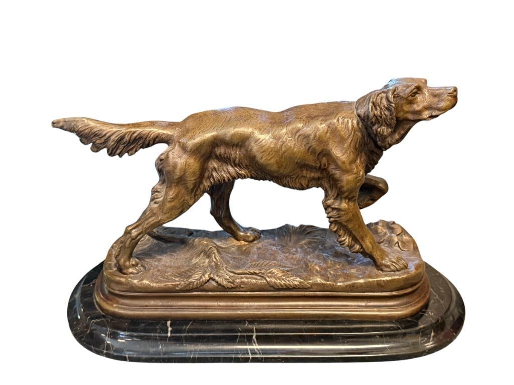 JULES MOIGNIEZ FRENCH ANIMALIER SCULPTOR HEAVY BRONZE SCULPTURE OF AN ENGLISH SETTER: JULES MOIGNIEZ (1835-1894) WAS A FRENCH SCULPTOR FROM THE 19TH CENTURY AND KNOWN FOR HIS ANIMAL SCULPTURES, SCULPTURE DEPICTS A SETTER STANDING ON HEAVY BLACK MARBLE BASE, SIGNED ON THE BASE 13 1/2"