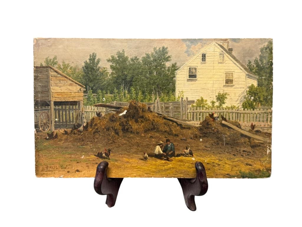EMILE F. BEAULIEU ORIGINAL OIL ON BOARD PAINTING: EMILE F. BEAULIEU (1852-1862) WAS A NEW YORK BORN ARTIST FROM THE 19TH CENTURY, ART ON BOARD DEPICTS TWO PEOPLE SITTING WITH ROOSTERS AND HENS, BUILDINGS AND TREES IN THE BACKGROUND, SIGNED LOWER LEFT